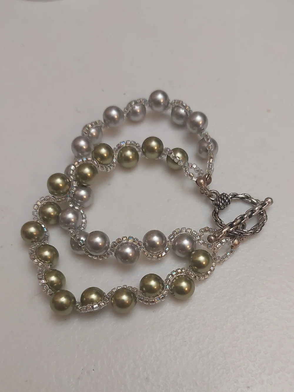 Vintage Artisal Double Strands Gray Green Faux Pearls Beaded Toggle Bracelet